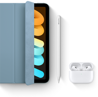 Das iPad mini wird gezeigt, wie es mit Smart Folio, Apple Pencil Pro und AirPods Pro genutzt wird