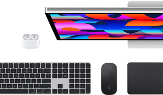 Mac Zubehör: AirPods, Studio Display, Magic Keyboard in Schwarz mit Touch ID, Magic Mouse in Schwarz und Magic Trackpad in Schwarz