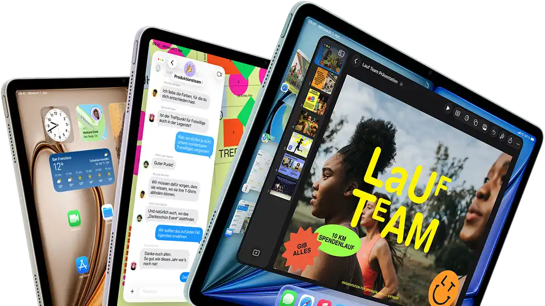 Drei iPad Air Displays in fächerähnlicher Anordnung, Farben: Blau, Violett, Polarstern, Vorderseite, Seitenansicht, die auf den Displays angezeigten Apps umfassen die Keynote App, Nachrichten und den Homescreen