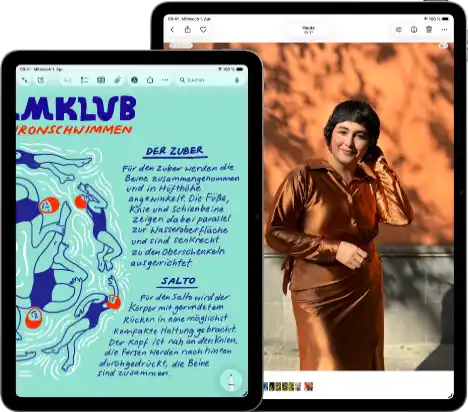 Zwei iPad Air Geräte, Größen: 11 Zoll und 13 Zoll, das 11 Zoll Modell zeigt farbigen Text in der Notizen App, das 13 Zoll Modell zeigt das Foto einer Person in der Fotos App