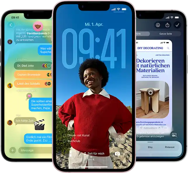 Tre iPhone 17e-enheter med appen Meddelanden i Liquid Glass-design, dynamisk l&aring;ssk&auml;rm och Visuell intelligens ig&aring;ng