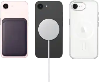 iPhone 17e i blekrosa med FineWoven-pl&aring;nbok i f&auml;rgen midnatt, iPhone 17e i svart med MagSafe-laddare, iPhone 17e i vitt med transparent skal med MagSafe