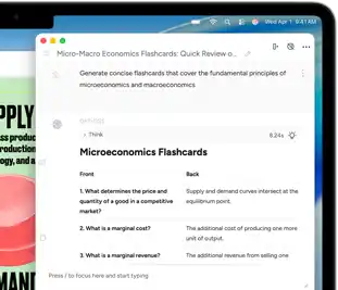 Ein MacBook Air Display zeigt, wie Apple Intelligence Schreibtools Lernkarten zur Mikro- und Makroökonomie erstellen