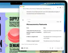 Ein MacBook Air Display zeigt, wie Apple Intelligence Schreibtools Lernkarten zur Mikro- und Makroökonomie erstellen
