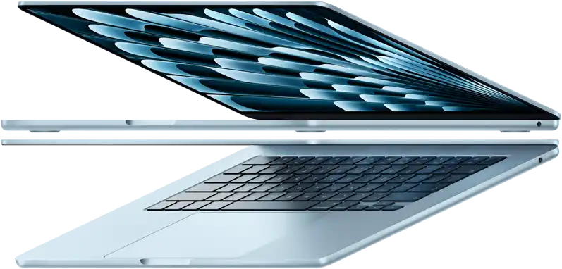 Zwei geöffnete MacBook Air Laptops in Farbe Himmelblau bilden einen Pfeil, um das dünne Profil zu betonen