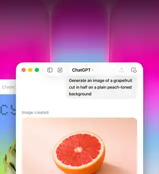 MacBook Neo Display, ein Bild von einer Grapefruit wird mit ChatGPT erstellt, das zweite Fenster zeigt in Keynote ein Bild von einer Artischocke mit einem Farbverlauf im Hintergrund