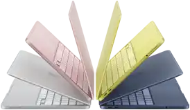 MacBook Neo Laptops in den Farben Silber, Rosa, Zitrus und Indigo, halb geöffnet und in einem Halbkreis angeordnet