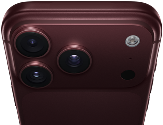 iPhone 18 Pro Max, Farbe Burgunder (Dunkelrot), Rückseite, Pro Fusion Kamera-System oben, 3 Objektive, Lamellen der variablen Blende teilweise geschlossen, Blitz, Mikrofon und LiDAR Scanner, Oberseite, Mobilfunkantenne, flache Seiten, gerundete Ecken